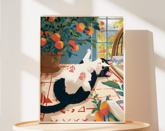 Impression d'art drôle de chat noir et blanc : décoration minimaliste pour amoureux des chats