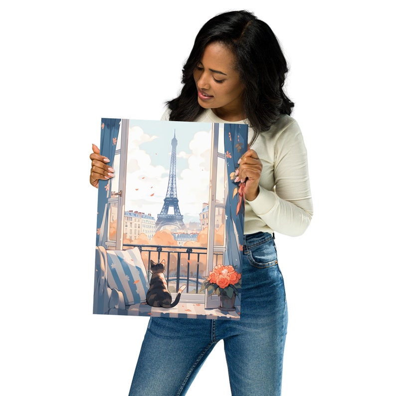 Cute Cat Eiffel Tower Print of Lovely Cat Paris Painting of Cat Mom Gift for Cat Parents, Christmas Gift of Cat Wall Art of Cute Animal Art