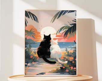 Sunset Beach Cat Couple Poster: Coastal Cat Lover Wall Art