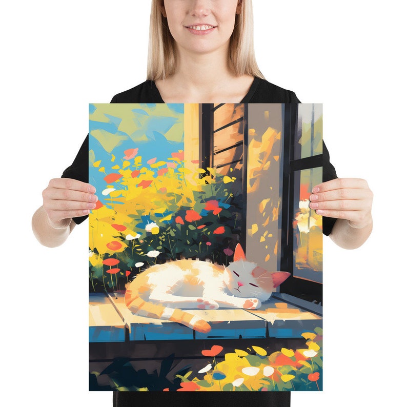 Lovely Cat Poster of Flowers Prints of Sleeping Cats Wall Art of Cute Cat Gifts for Her Backyard Prints of Birthday Gifts of Cats