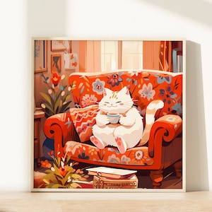 Süße weiße Katze Wandkunst Kaffeedruck Katze Poster Katze Geschenke für Katzenliebhaber Geschenke der Katzenbilder Katze Wanddekor der Geburtstagsgeschenke
