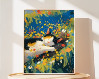 Stampa artistica di gatto calico: gatto addormentato in un campo di fiori selvatici
