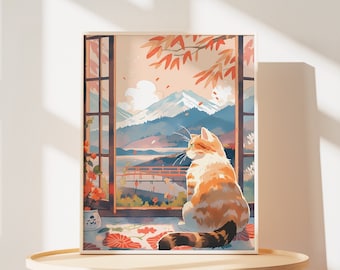 Op de afbeelding: Een ingelijste illustratie van een kat die bij een raam zit en uitkijkt op een berglandschap. De kat is oranje en wit met een lange staart. Het raam staat open en er zijn bloemen en bladeren buiten. Het berglandschap is geschilderd in tinten blauw en groen.
