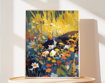 Tuxedo Cat Floral Poster: Sleeping Cat Wildflower Print