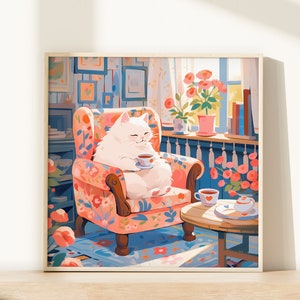 Gemütliche weiße Katze Drucke der Tee-Wand-Kunst der Katzen-Drucke der Katzen-Geschenke für Katzenliebhaber Geschenke der Katzen-Malerei-Katzen-Wand-Dekor der Tiergeschenke