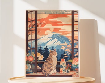 Cute Cat Print of Lovely Cat in Mount Fuji Painting of japan Cat Mom Gift for Cat Parents Christmas Gift of Cat Wall Art of Cute Animal Art