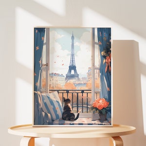 May include: A painting of a cat sitting on a window seat looking out at the Eiffel Tower. The window is open and the cat is looking out at the view. There are flowers in a pot on the windowsill.