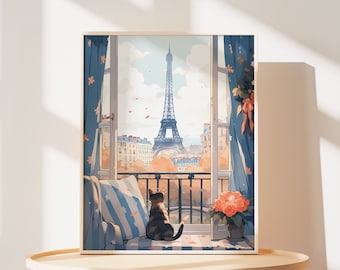 May include: A painting of a cat sitting on a window seat looking out at the Eiffel Tower. The window is open and the cat is looking out at the view. There are flowers in a pot on the windowsill.