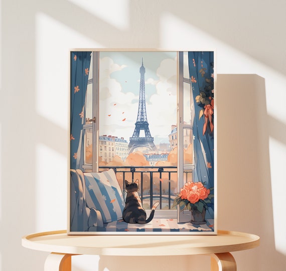 Cute Cat Eiffel Tower Print - Lovely Paris Painting for Cat Parents, Cat Mom Gift, Valentine's Wall Art, Cute Animal Decor