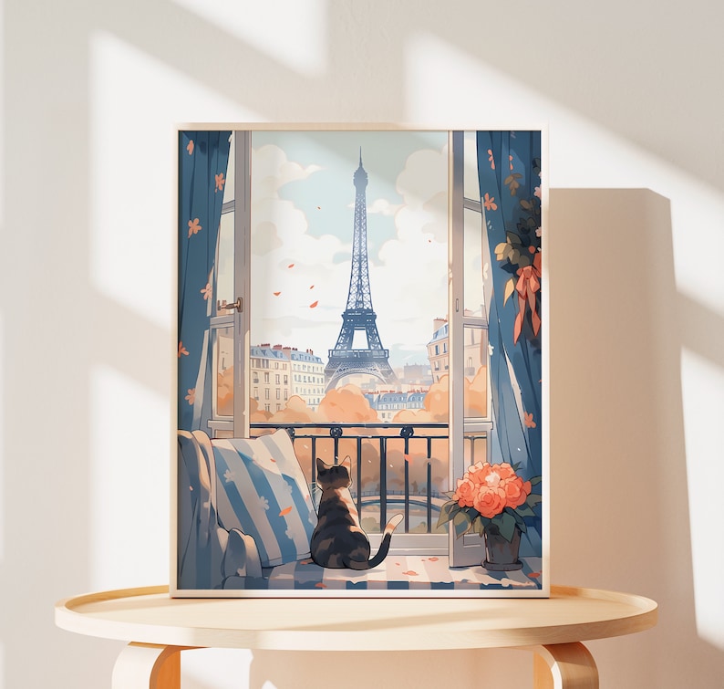 May include: A painting of a cat sitting on a window seat looking out at the Eiffel Tower. The window is open and the cat is looking out at the view. There are flowers in a pot on the windowsill.