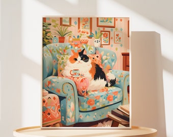Stampa artistica di un gatto calico stravagante: adorabile decorazione da parete felina