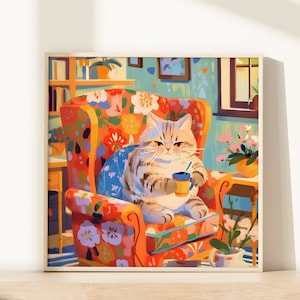 Tabby Cat Drinking Print of Grey Tabby Cat Wall Art of Cat Poster Gifts for Cat Lovers Gifts of Cat Paintings of Cat Wall Décor