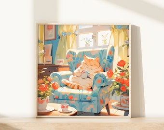 Ginger Tabby Cat Art Print: Cozy Tea Time Cat Lover Gift