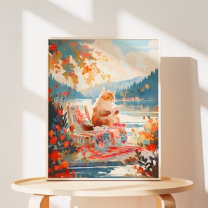 Lovely Cat Poster of Outdoor Camp Print of Tranquil Lake Painting of Cute Cat Mom Gift for Cat Parent Valentines Gifts of Cat Wall Art