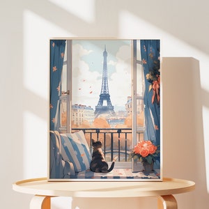 May include: A framed illustration of a cat sitting on a window seat looking out at the Eiffel Tower. The window is open and the cat is looking out at the view. The illustration is in a soft, pastel color palette.