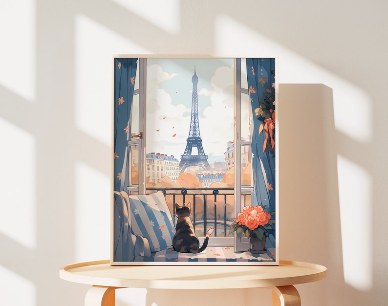May include: A framed illustration of a cat sitting on a window seat looking out at the Eiffel Tower. The window is open and the cat is looking out at the view. The illustration is in a soft, pastel color palette.