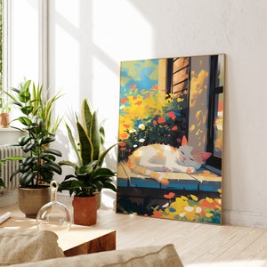 May include: A painting of a white and orange cat sleeping on a wooden porch with a window and flowers in the background.