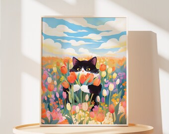 Tuxedo Cat Tulip Field Art Print: Spring Floral Cat Lover Gift