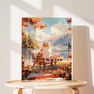 Gemütliche Katze Poster Herbst Landschaftsdruck Herbst Malerei reizende Katze Geschenke für Sie Katzen Geburtstagsgeschenke Ahornblätter Wandkunst Katzen