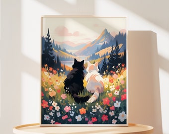 Cat Couple Art Print: Mountain Lake, Floral Landscape Poster