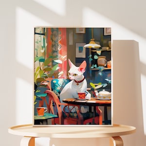 May include: A white cat with green eyes sits at a table with a red cup and a teapot. The cat is in a room with a window, plants, and a patterned chair.