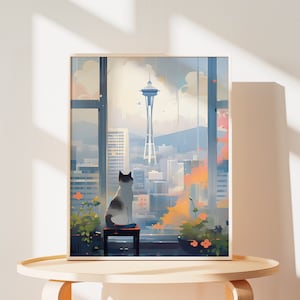 Cute Cat Poster of Space Needle Lovely Cat Painting of Seattle Cat Mom Gift for Cat Parents Valentines Gifts of Cat Wall Art of Cute Animal