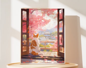 Cozy Cat Poster of Japan Kyoto Wall Art of Cherry Blossoms Painting of Japan Temple Art Gifts for Cat Lovers Gift of Cute Cat