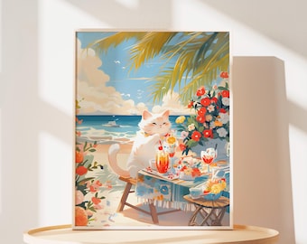 White Cat Poster Tropical Beach Cat Wall Art, Cute Vacation Kitten Print, Lovely Birthday Gift & Beach Decor