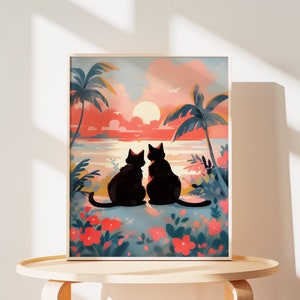 Lovely Cat Poster of Sunset Beach Cat Couple Print of Valentines Gift Painting of Cute Cat Mom Gift for Cat Lovers Wall Art of Black Cat