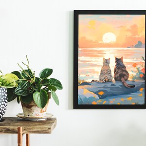May include: A painting of two cats sitting on a rock overlooking a sunset over the ocean. The cats are facing away from the viewer, and the sunset is a vibrant orange and pink.