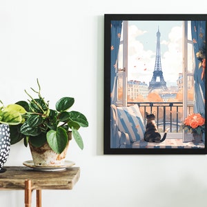 May include: A framed illustration of a cat sitting on a window seat looking out at the Eiffel Tower in Paris. The window is open and there are leaves blowing in the wind. The cat is brown and black and the illustration is in a cartoon style.