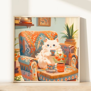 Süße langhaarige Katze Katzenbild Wandkunst weiße Katze Poster für Katzenliebhaber Geschenke für Katzenliebhaber Geschenke für Katzenbilder Katzenbild Katzengeschenk für Katzenliebhaber