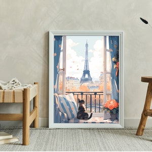 May include: A framed illustration of a cat sitting on a windowsill looking out at the Eiffel Tower. The window is open and the view is of the city of Paris. The cat is brown and white and has a black tail. The windowsill is decorated with a blue and white striped cushion and a potted plant with orange flowers.