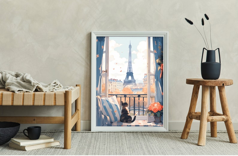May include: A framed illustration of a cat sitting on a windowsill looking out at the Eiffel Tower. The window is open and the view is of the city of Paris. The cat is brown and white and has a black tail. The windowsill is decorated with a blue and white striped cushion and a potted plant with orange flowers.