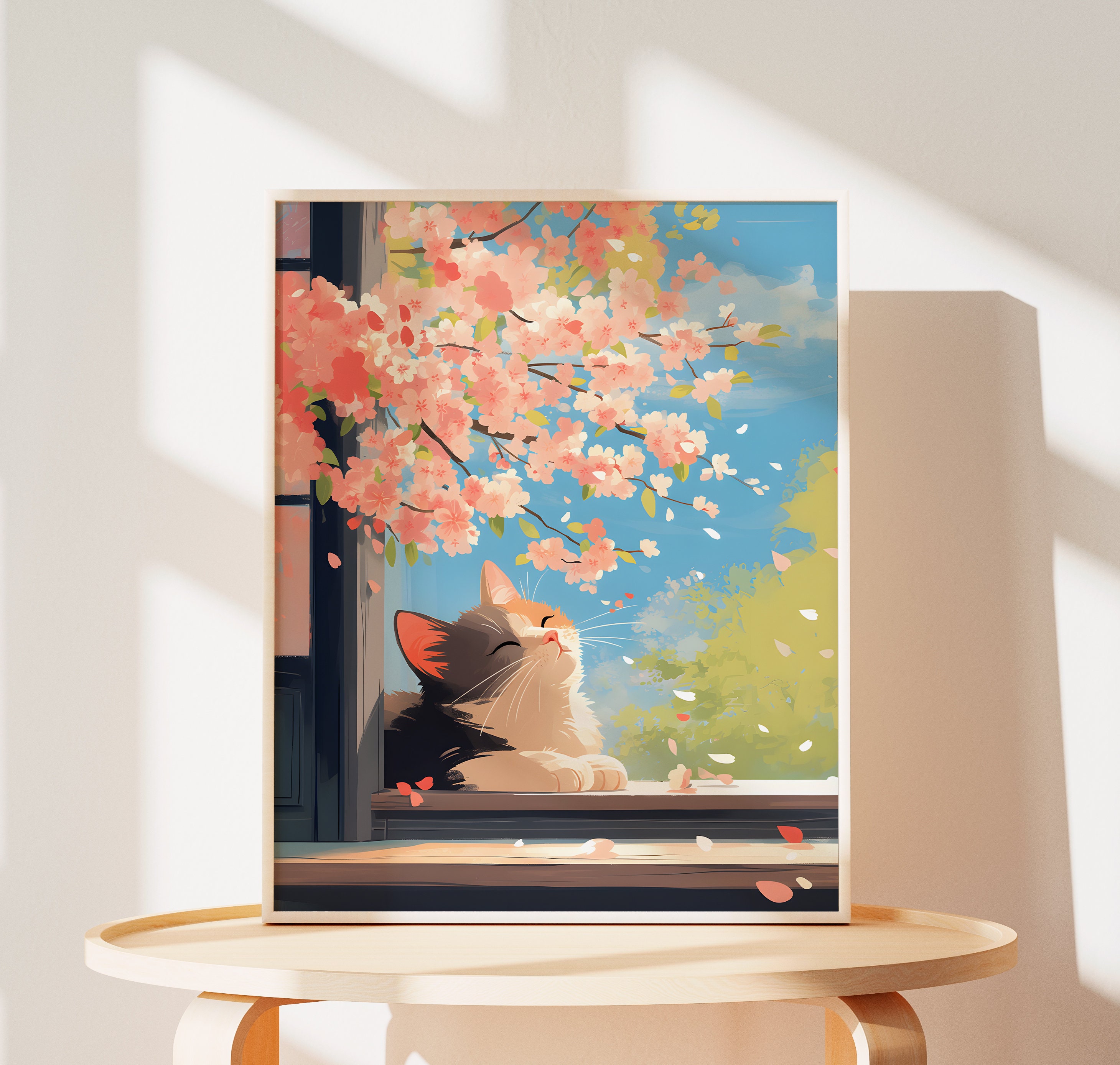 Calico Cat Poster, Sleeping Cats Print, Cherry Blossom Art, Japan Wall Decor Cute Cat Gifts for Birthday