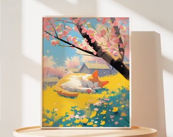 Tabby Cat Art Print: Cherry Blossom, Sleeping Cat Poster