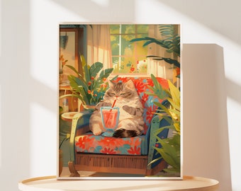 Pode incluir: Um gato tigrado com uma expressão relaxada senta-se em uma poltrona floral, apreciando uma bebida rosa com um canudo. O gato está rodeado de plantas verdes exuberantes e uma janela com vista para um jardim.