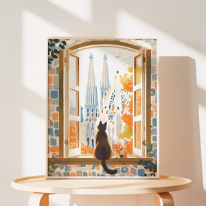 Sagrada Familia Cat Art Print: Barcelona Cat Lover Gift