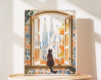 Sagrada Familia Cat Art Print: Barcelona Cat Lover Gift