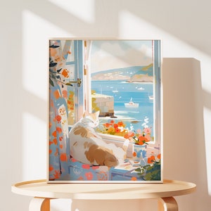 Cute Cat Print of Lovely Cat in Tranquil Seaside Painting of Greece Cat Mom Gift for Cat Parents Christmas Gift of Cat Wall Art of Animal