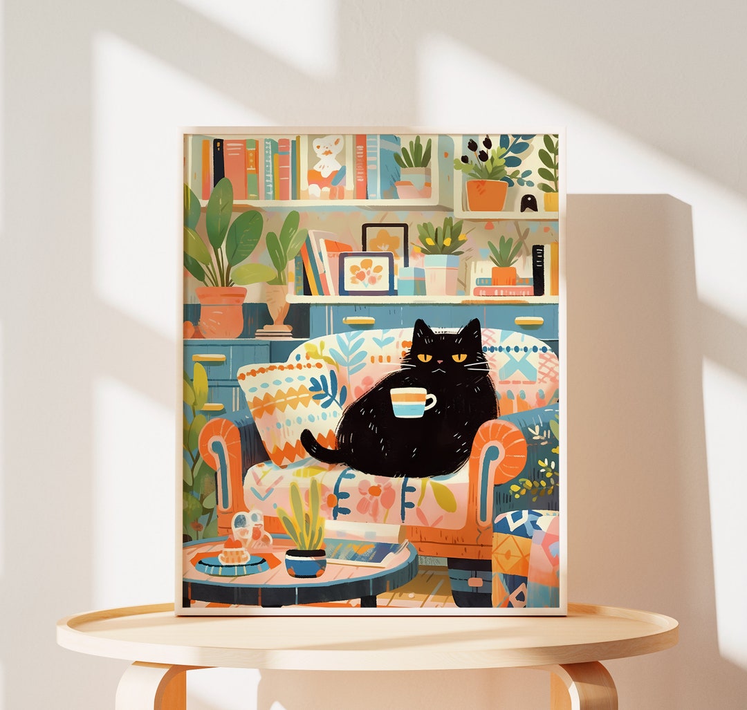 Cute Cat Print of Cat Wall Art of Coffee Lovely Cat Painting of Cat