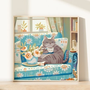 Loving Grey Tabby Cat Print of Coffee Wall Art of Tabby Cat Poster of Cat Gifts for Cat Lovers Gifts of Cat Paintings Cat Wall Décor