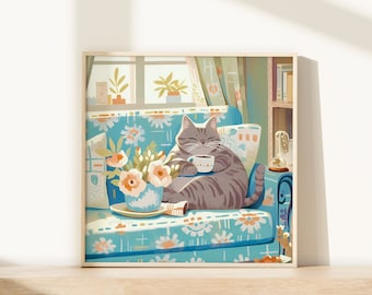 Puede incluir: Ilustración enmarcada de un gato atigrado gris relajándose en un sofá floral azul, sosteniendo una taza de café. Un jarrón de flores está sobre una mesa frente al gato. El fondo incluye una ventana y una estantería.