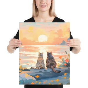 Lovely Cat Poster of Sunset Sea Cat Couple Print of Valentines Gift Painting of Cute Cat Mom Gifts for Her Wall Art of Cat