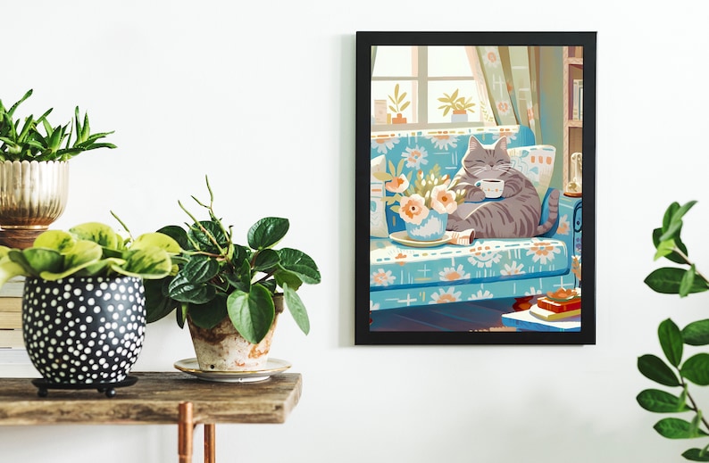 Cute Cat Print of Coffee Grey Tabby Lovely Cat Painting of Cafe Cat Mom Gift for Cat Parents Christmas Gift of Cat Wall Art of Cute Art image 6