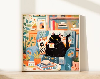 Black Cat Coffee Poster: Cozy Cat Lover Wall Art