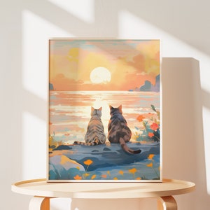 Schönes Katzenpaar Poster - Sonnenuntergang am Meer, süße Katzenmutter Geschenke für Sie, Valentinstag, einzigartige Katzenliebhaber Dekoration
