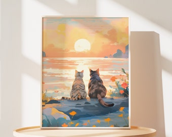 Cat Couple Sunset Sea Poster – Valentine's Wall Art Print