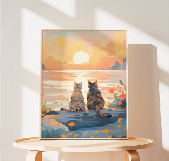 Cat Couple Sunset Sea Poster – Valentine's Wall Art Print