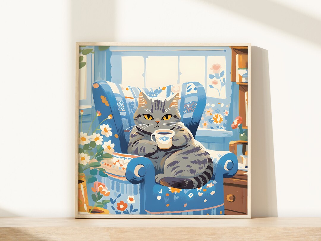 Blue Tabby Cat Wall Art Print – Tea Time Poster, Gifts for Cat Lovers ...
